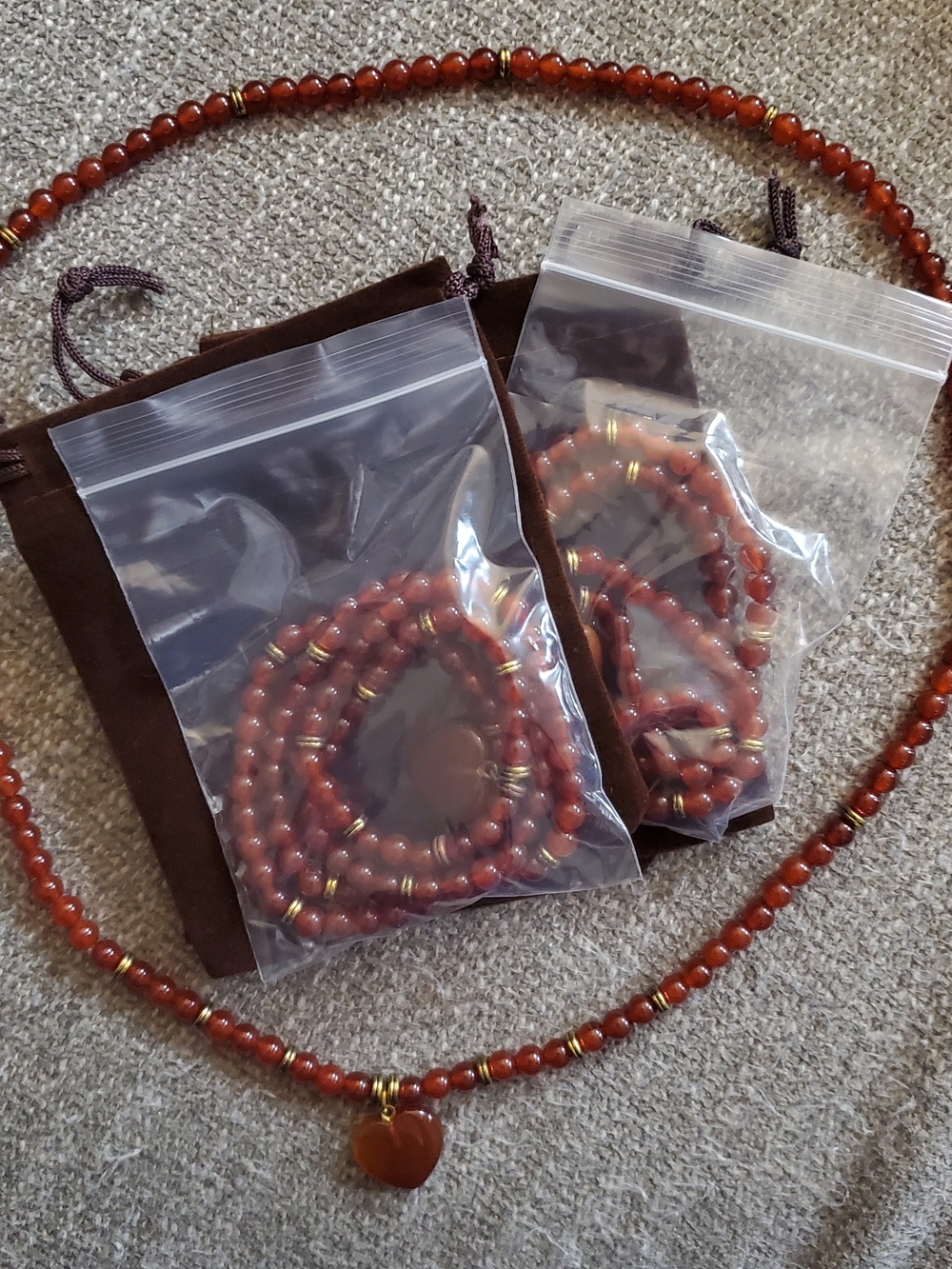 Carnelian Bead Necklace & Bracelet Set with Heart Pendant - Warm Amber Red